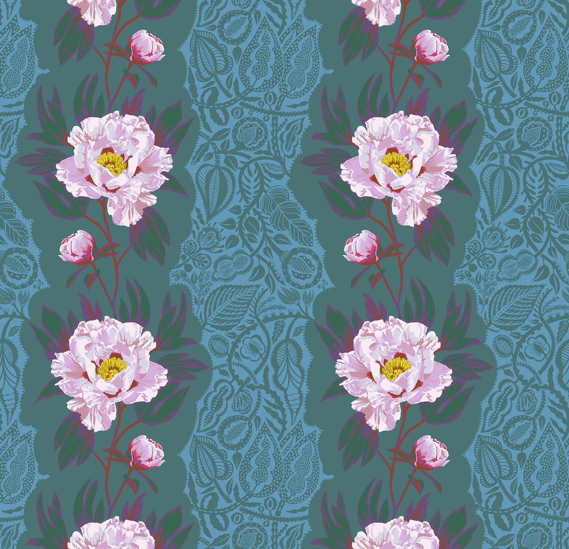Patterned fabric with pink flowers on a blue background