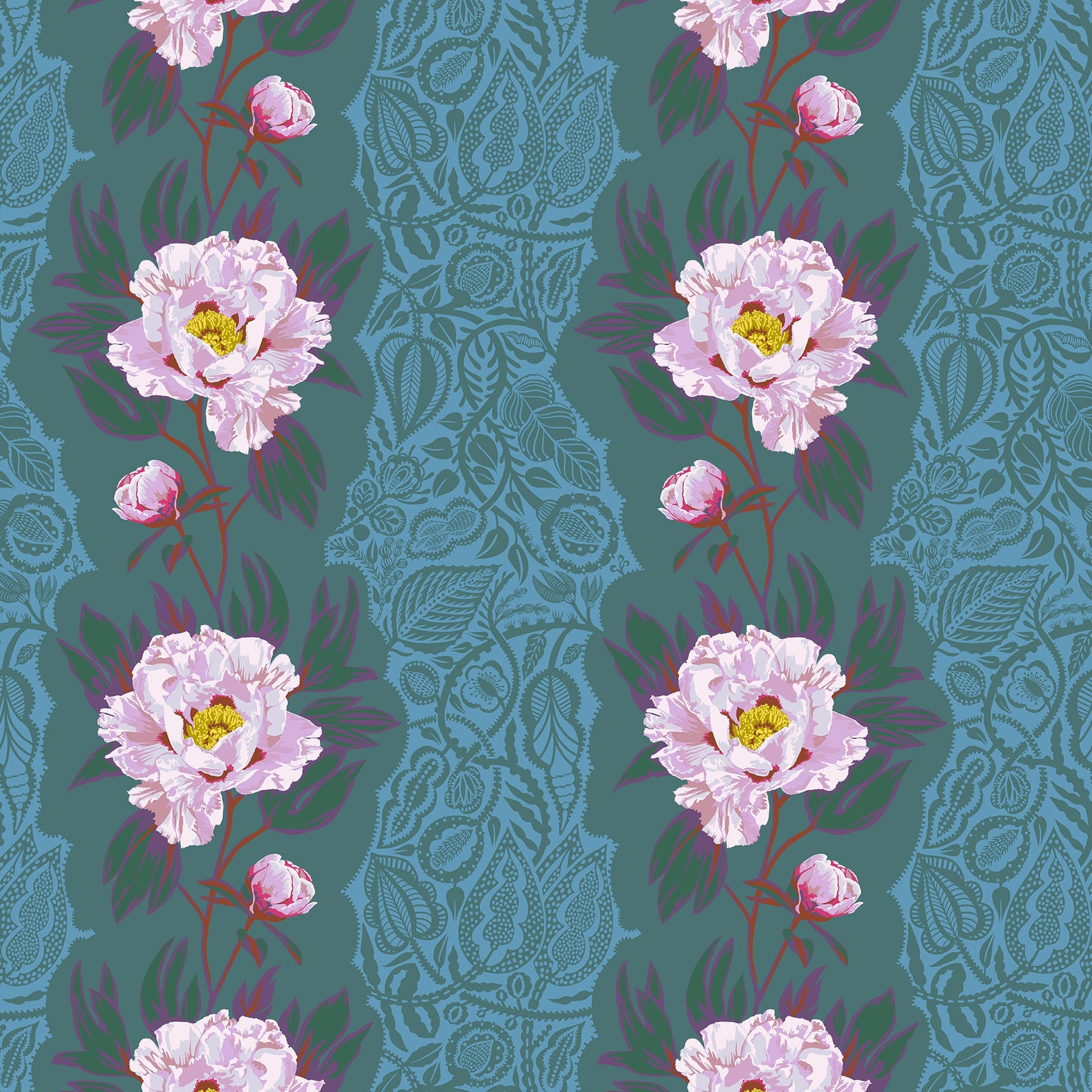 Patterned fabric with pink flowers on a blue background