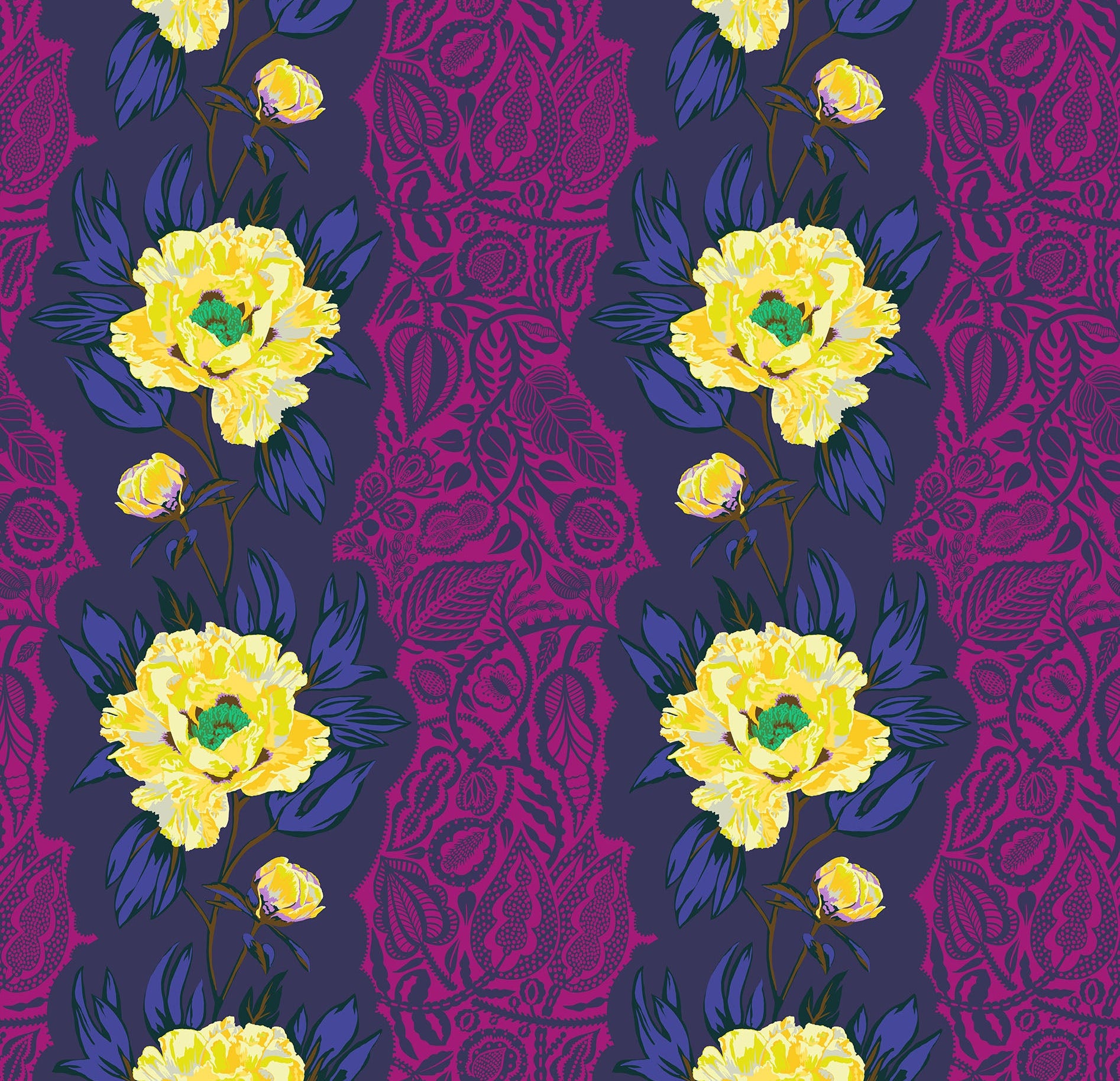 Patterned fabric with yellow flowers on a purple background