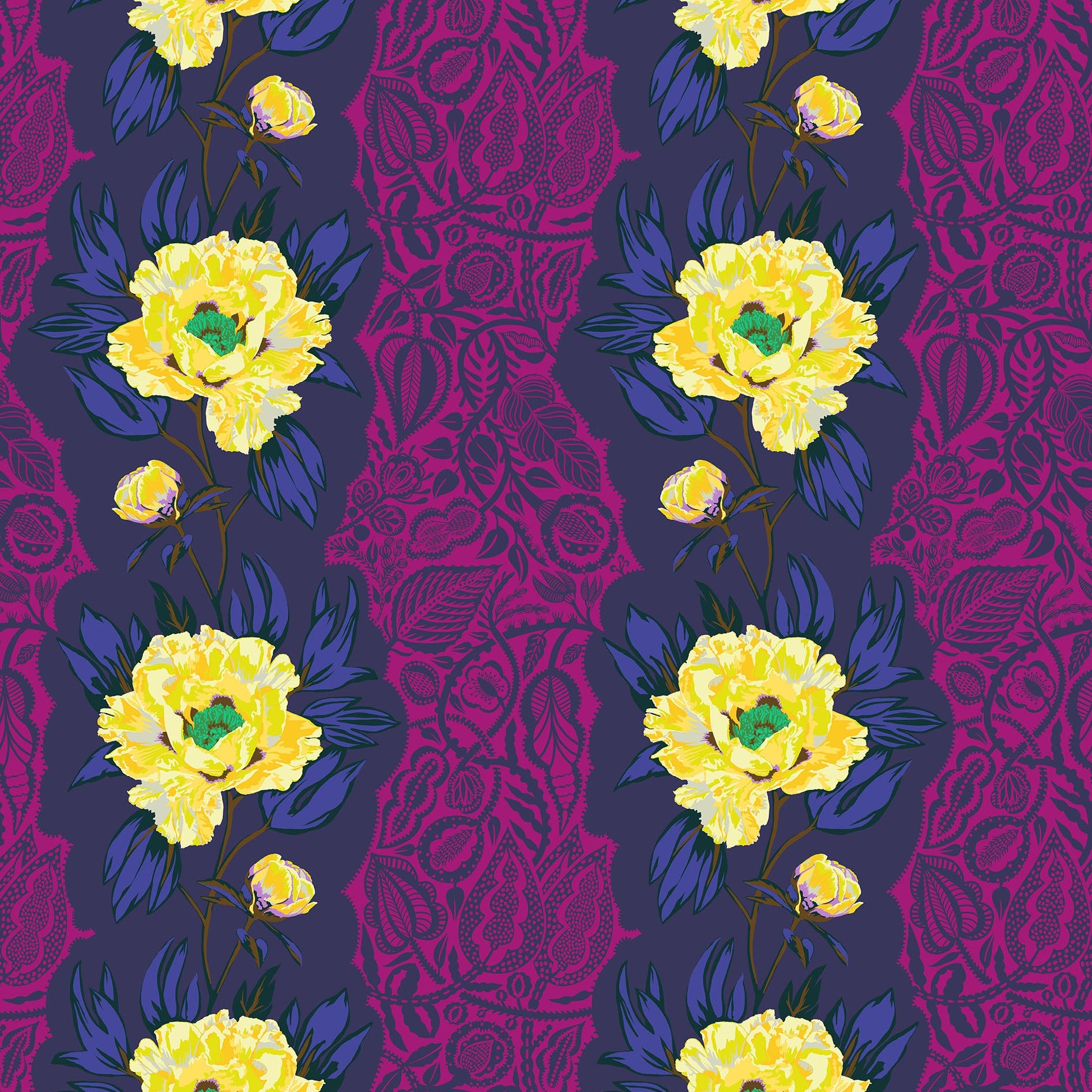 Patterned fabric with yellow flowers on a purple background