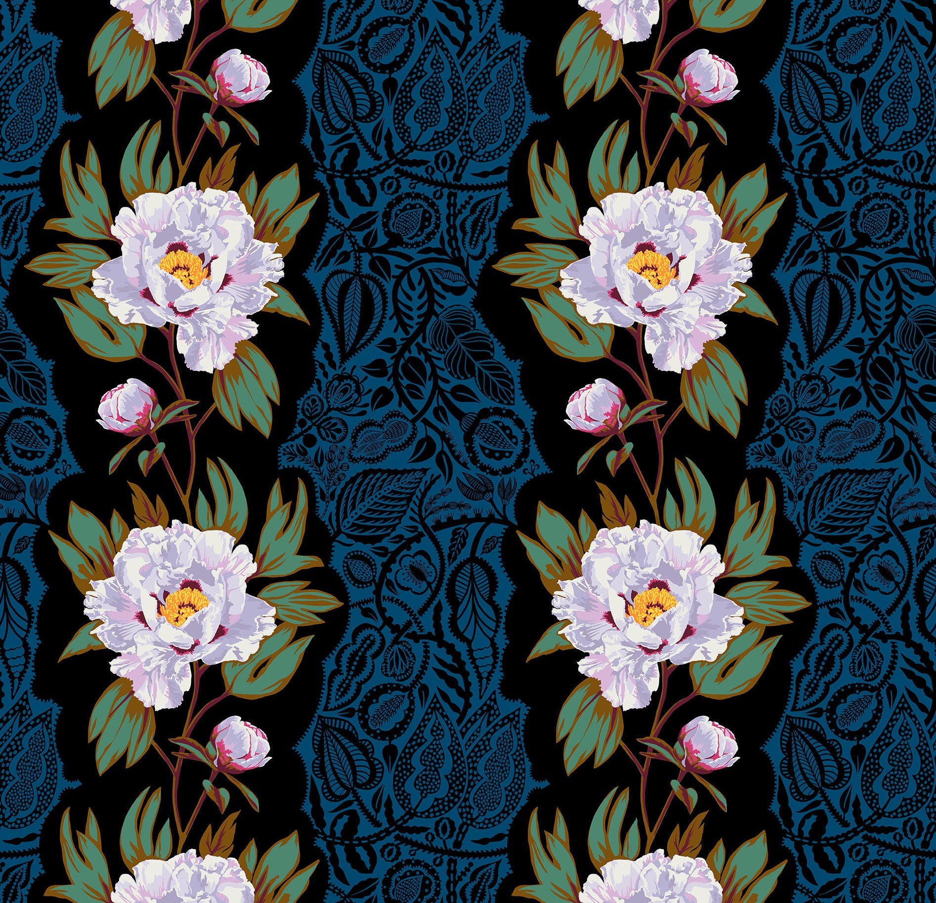 Decorative pattern with white flowers and blue lace on a dark background