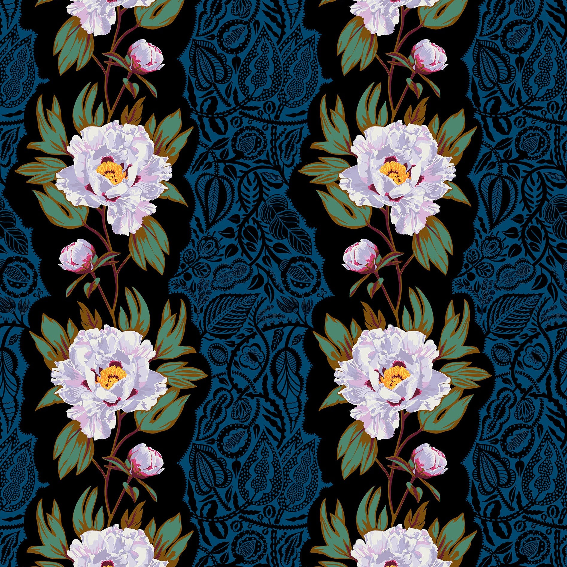 Decorative pattern with white flowers and blue lace on a dark background