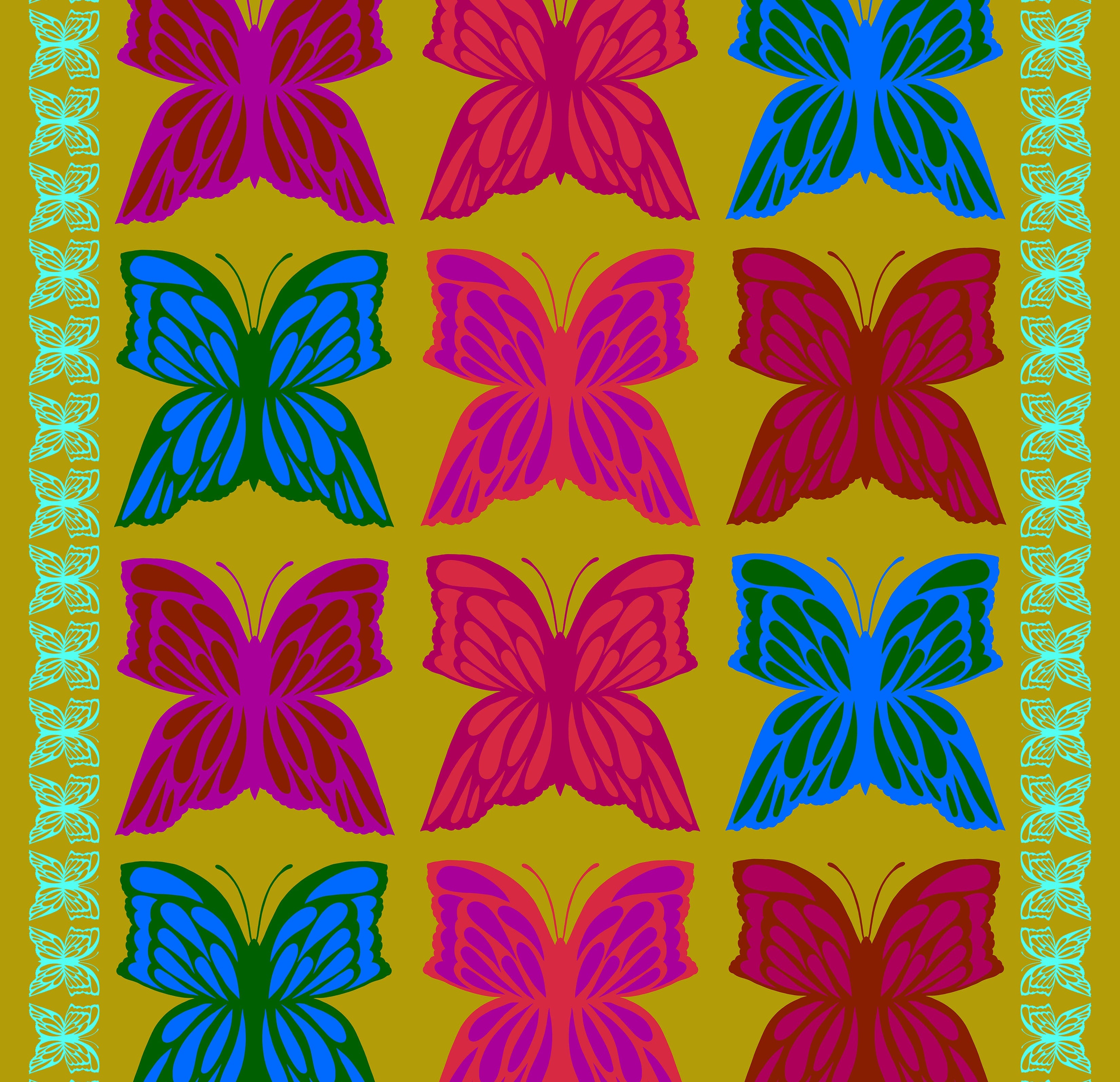 Pattern of colorful butterflies on a yellow background with green border