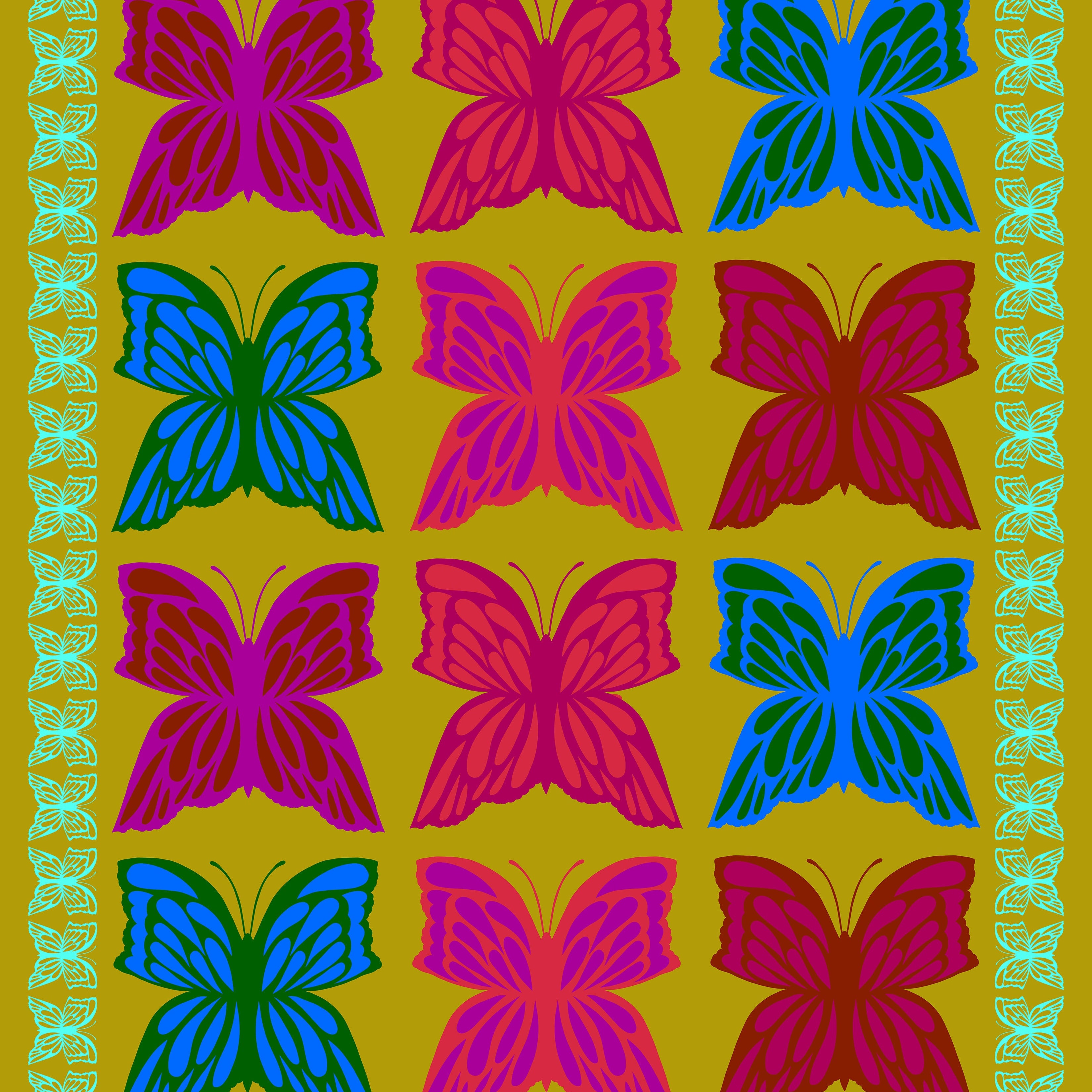 Pattern of colorful butterflies on a yellow background with green border