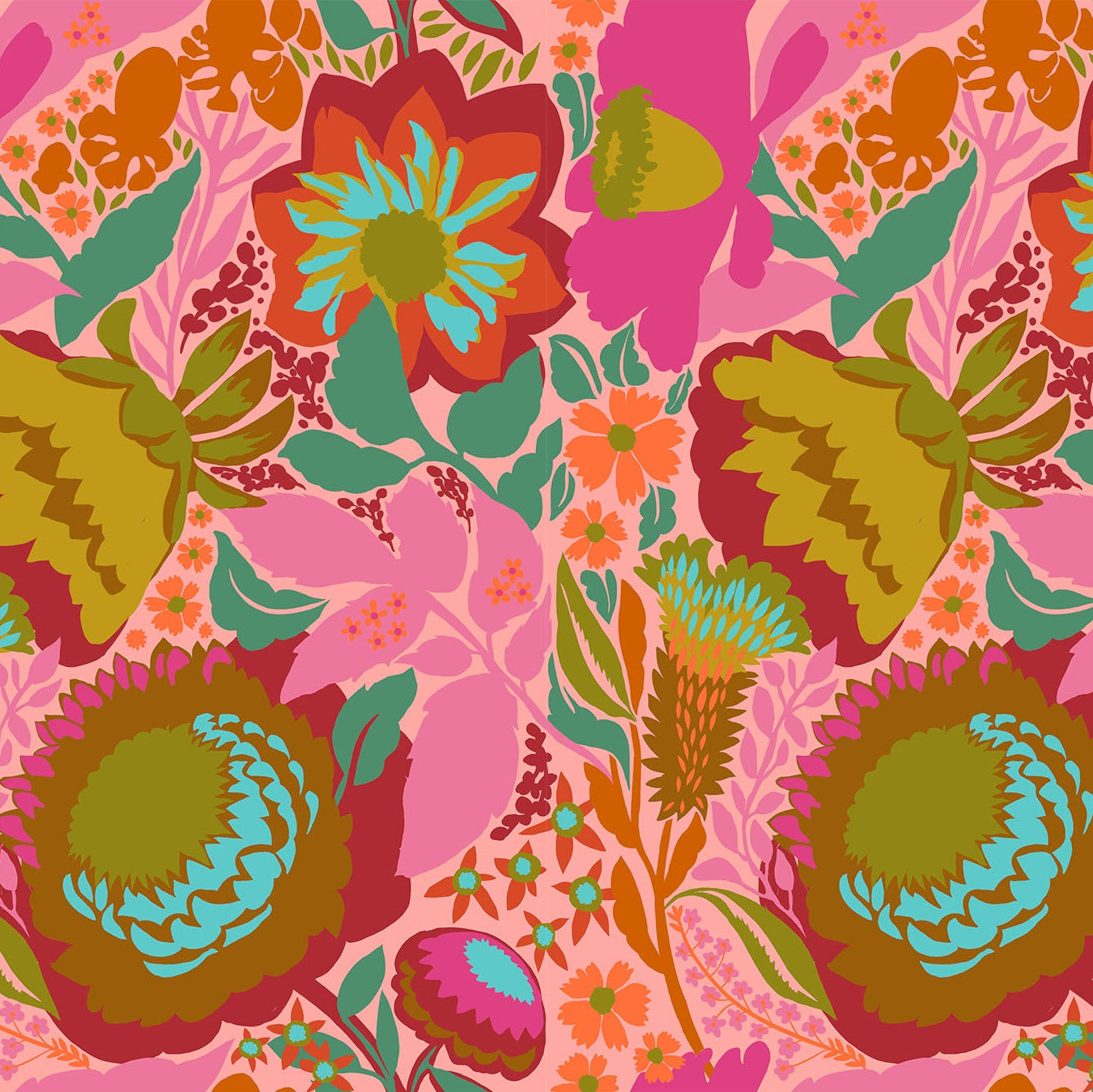 Colorful floral pattern with pink, green, and orange colors on a pink background.