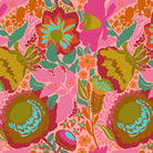 Colorful floral pattern with pink, green, and orange colors on a pink background.