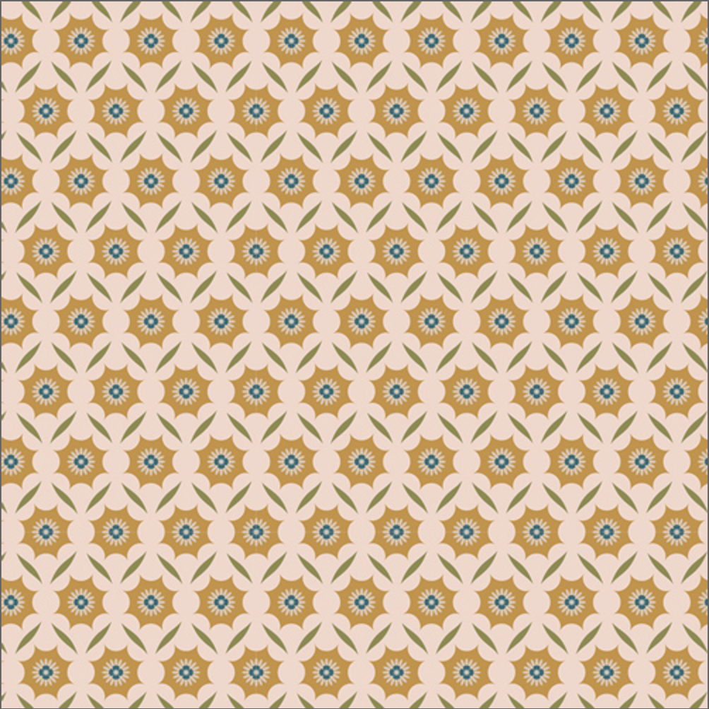 A repeating fabric pattern swatch showing cream-colored stylized flowers with mustard yellow centers and small green leaves, with a black measurement ruler along the bottom edge indicating scale.