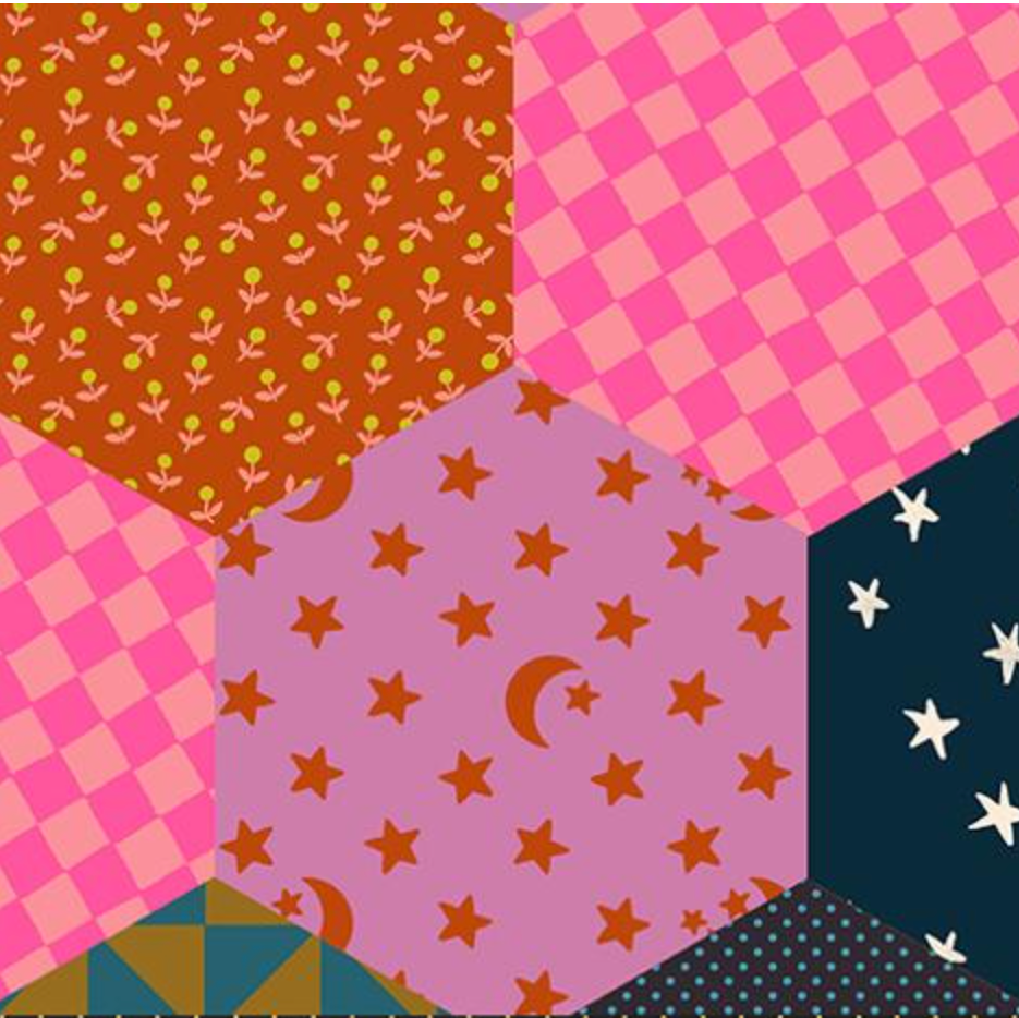 Patchwork hexagons in various colors including brown, pink, purple, and blue.