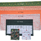 Collection of fabric swatches with measurements on a white background