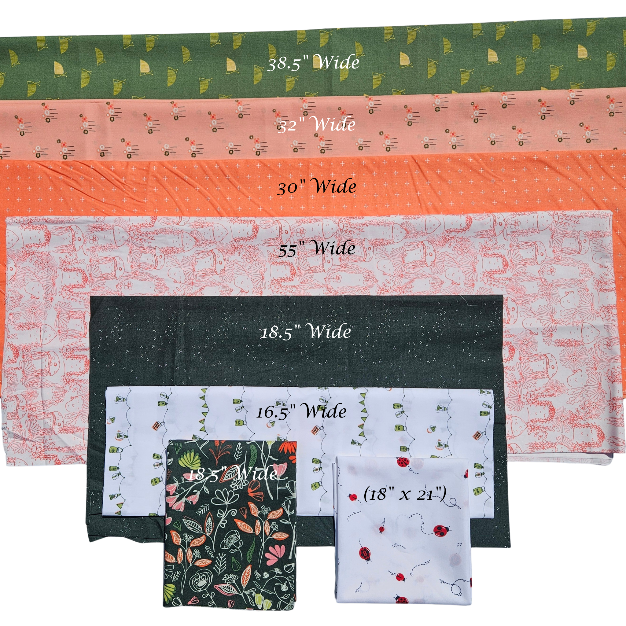 Collection of fabric swatches with measurements on a white background