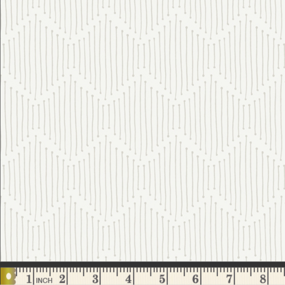 A fabric pattern showing a repeating geometric design of vertical lines in light gray on an off-white background, with a measuring ruler visible along the bottom edge.