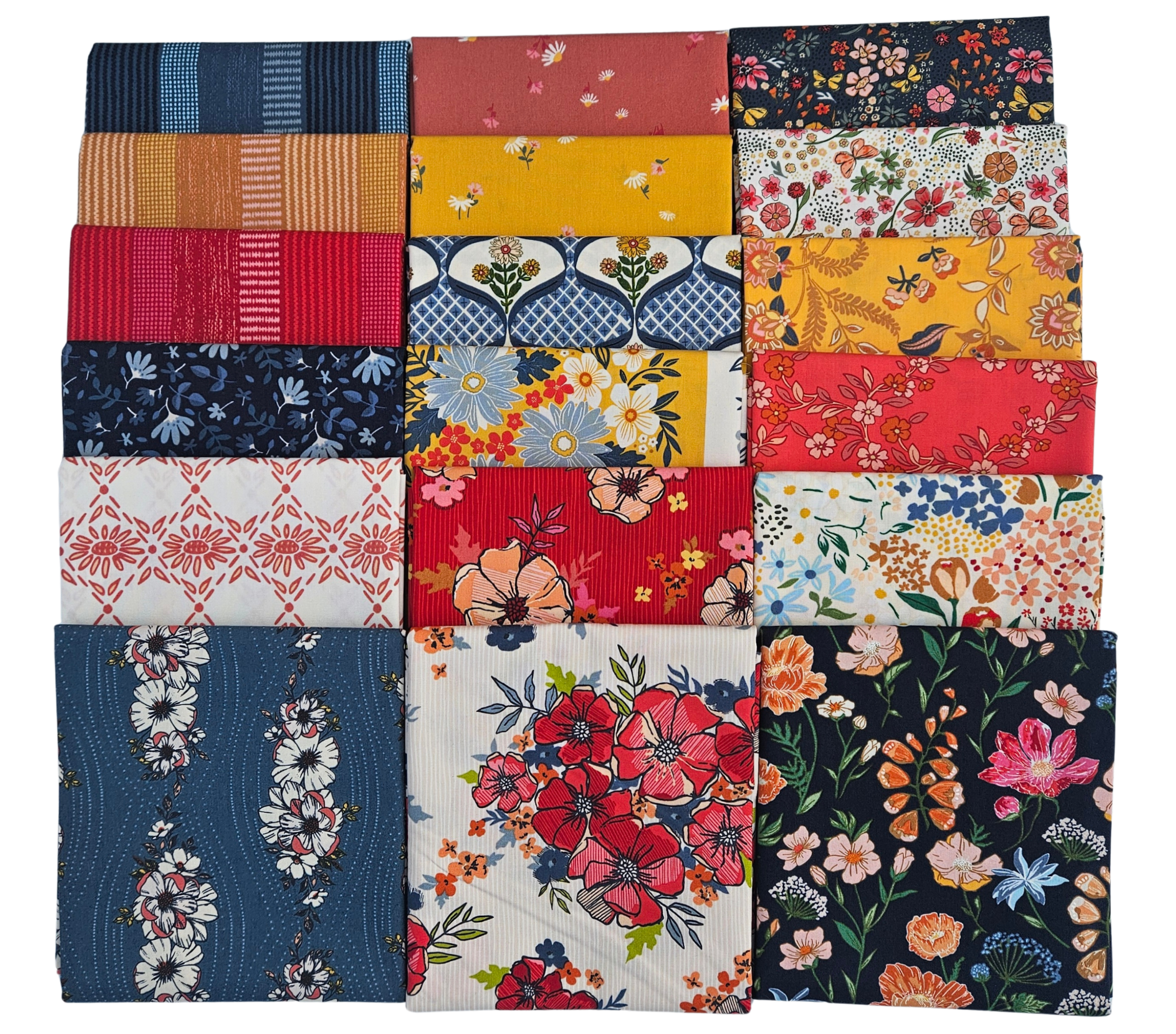 Collection of colorful fabric swatches with various floral patterns on a white background