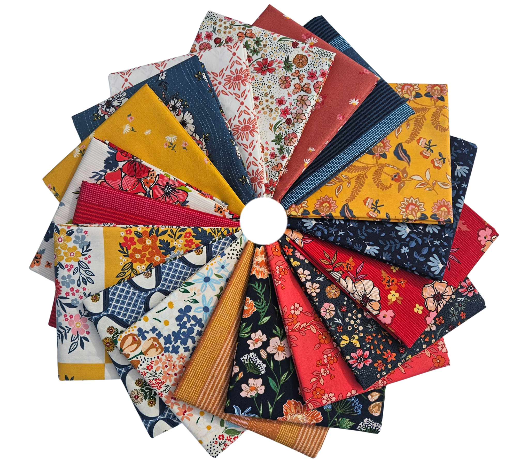 Collection of colorful fabric squares arranged in a circular pattern on a white background