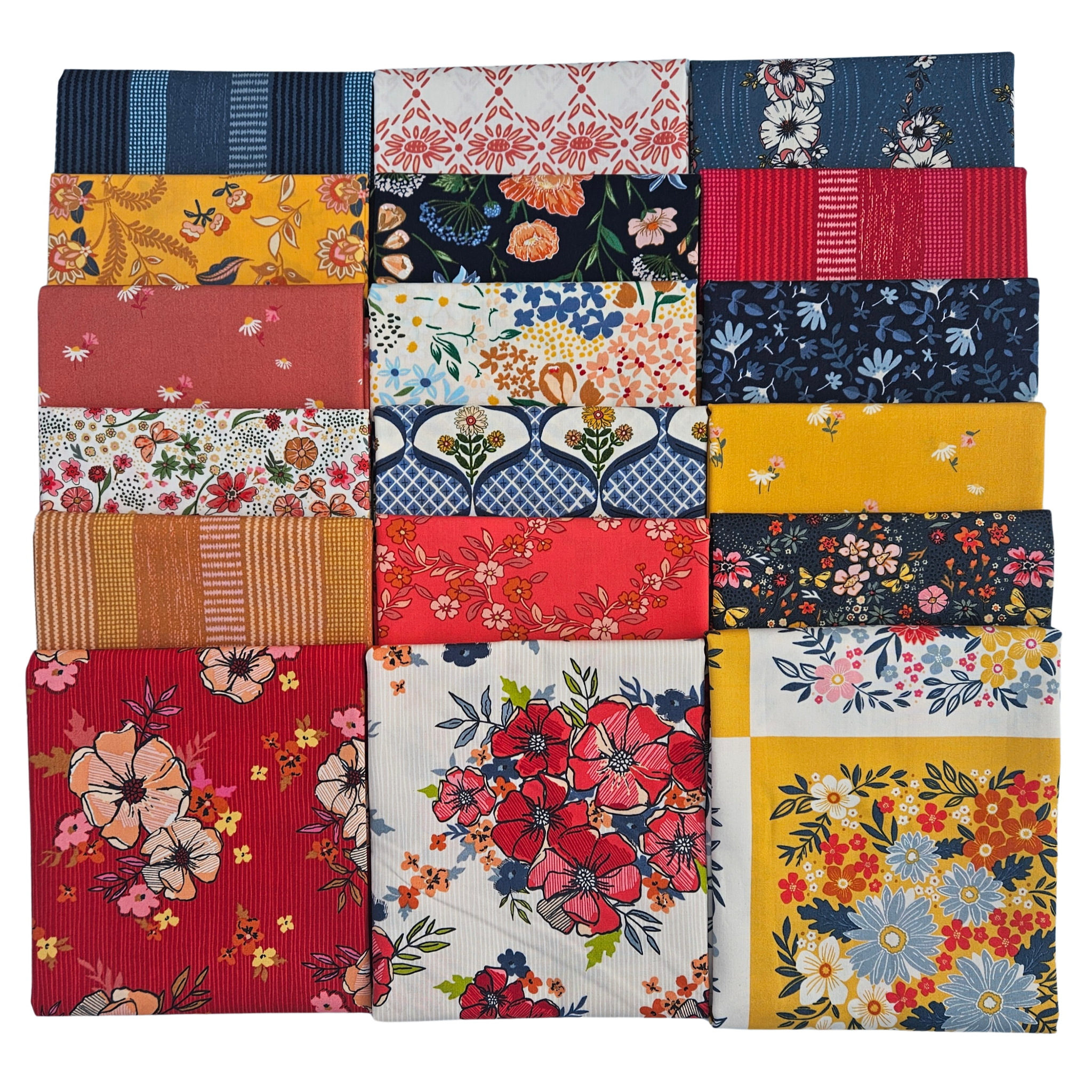 Stack of colorful fabric squares with floral patterns on a white background