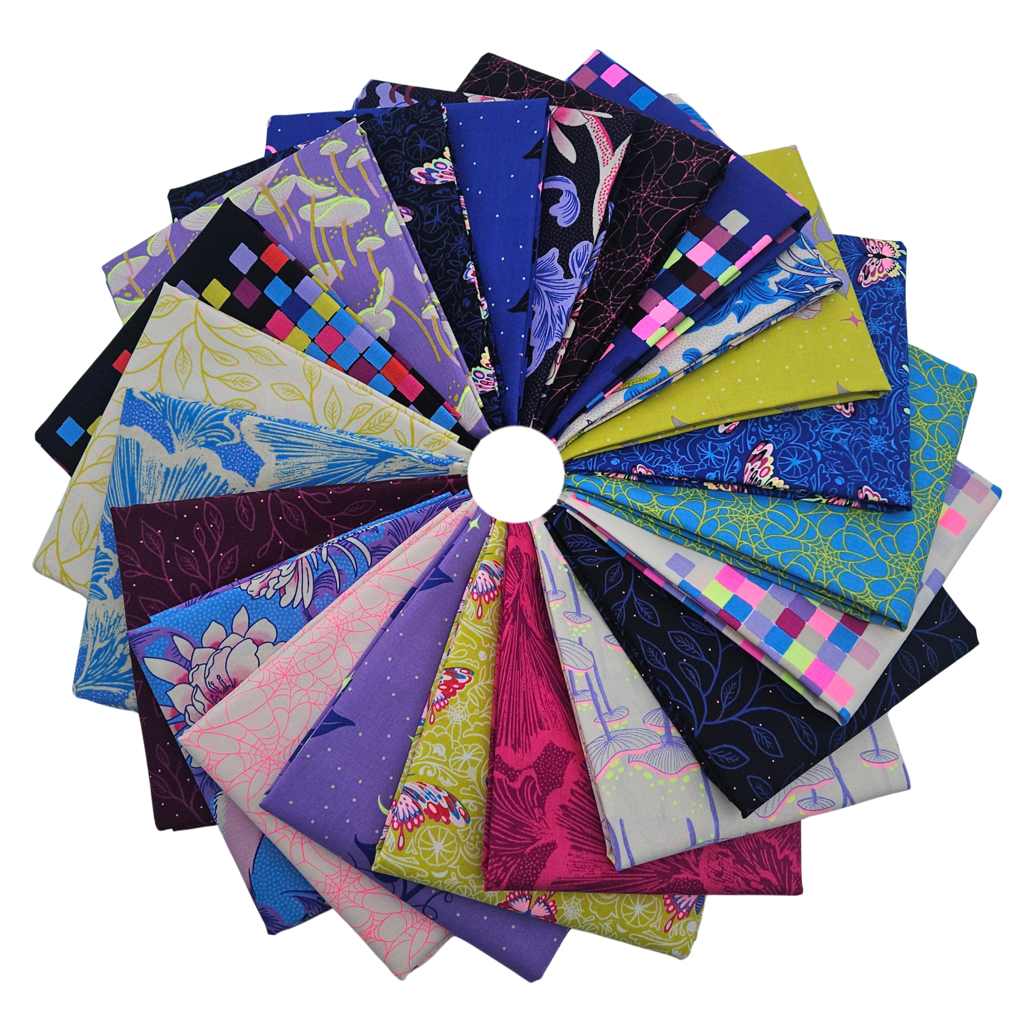 Assorted colorful fabric swatches arranged in a circular pattern on a white background