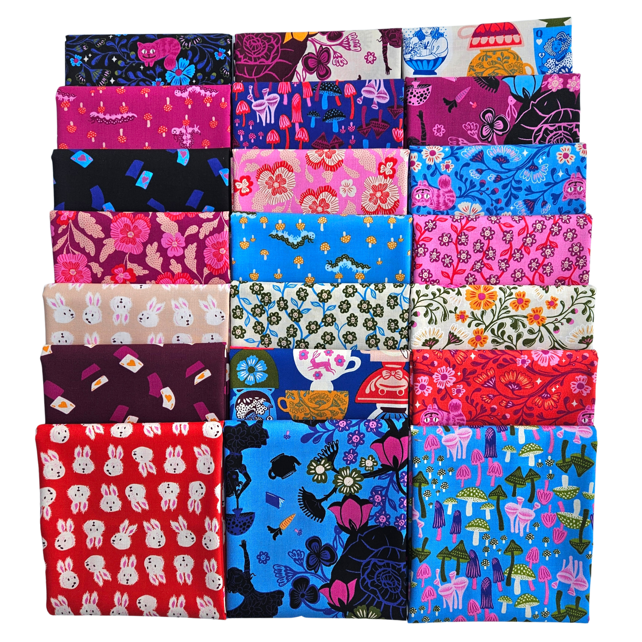 Collection of colorful fabric swatches arranged in a grid pattern.