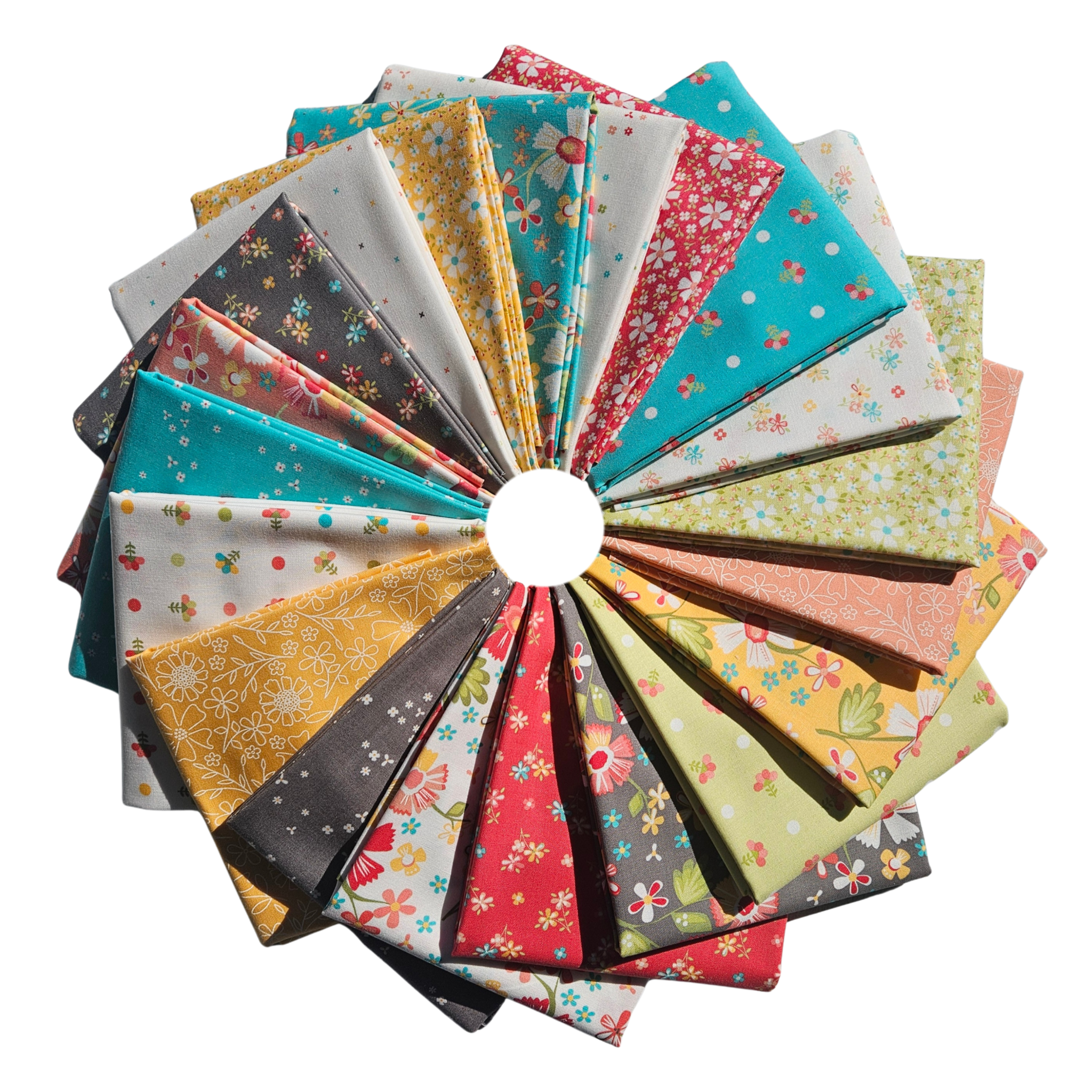Circular arrangement of colorful fabric swatches with various patterns on a white background