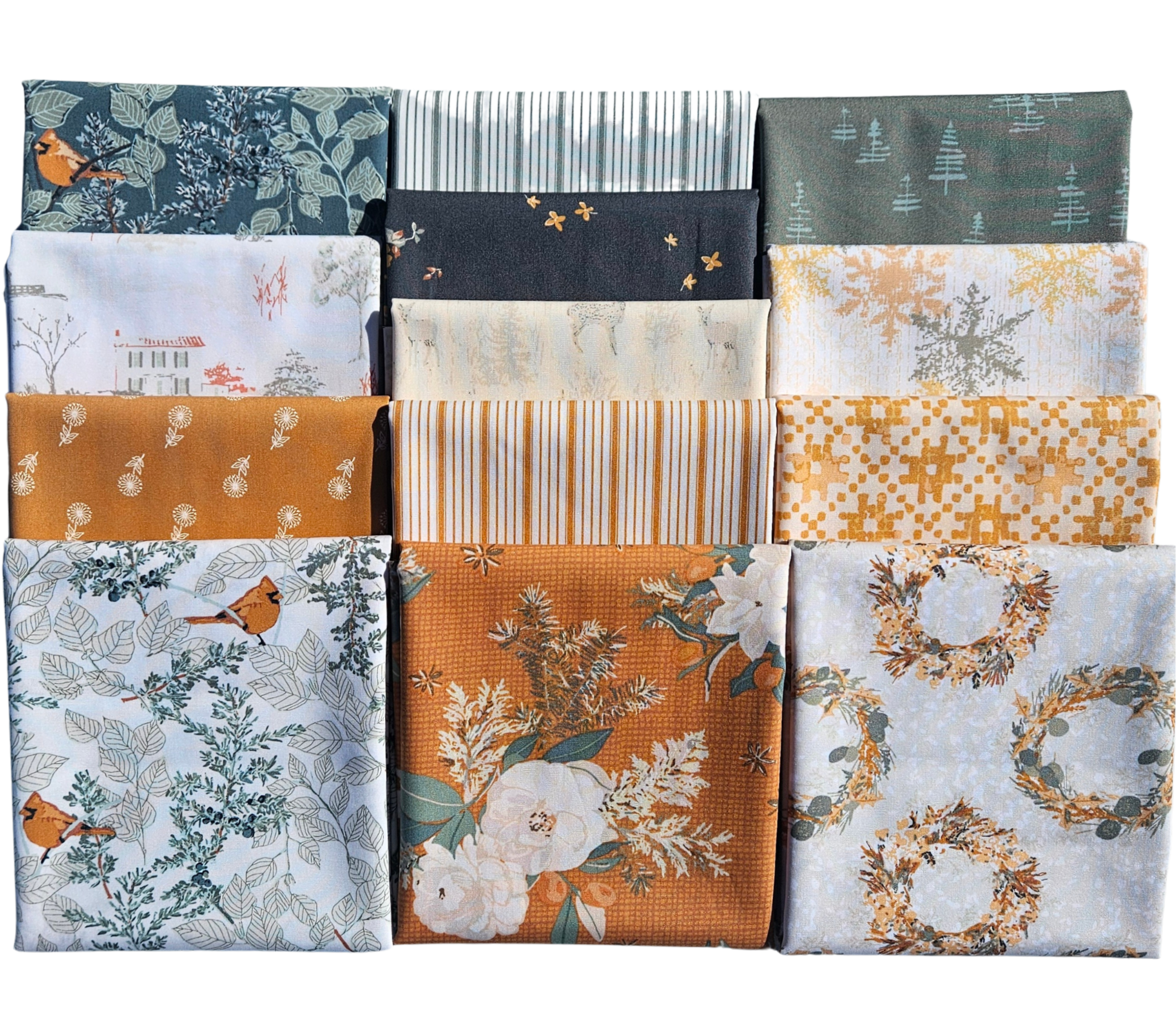 Collection of fabric swatches with various patterns and colors on a white background