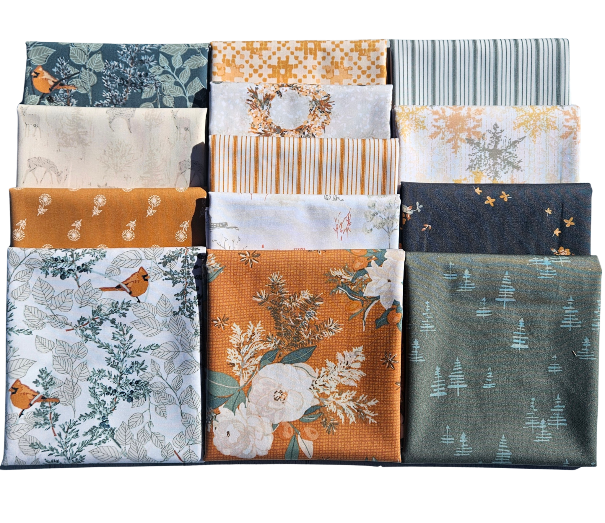Collection of fabric swatches with various patterns arranged in a grid.