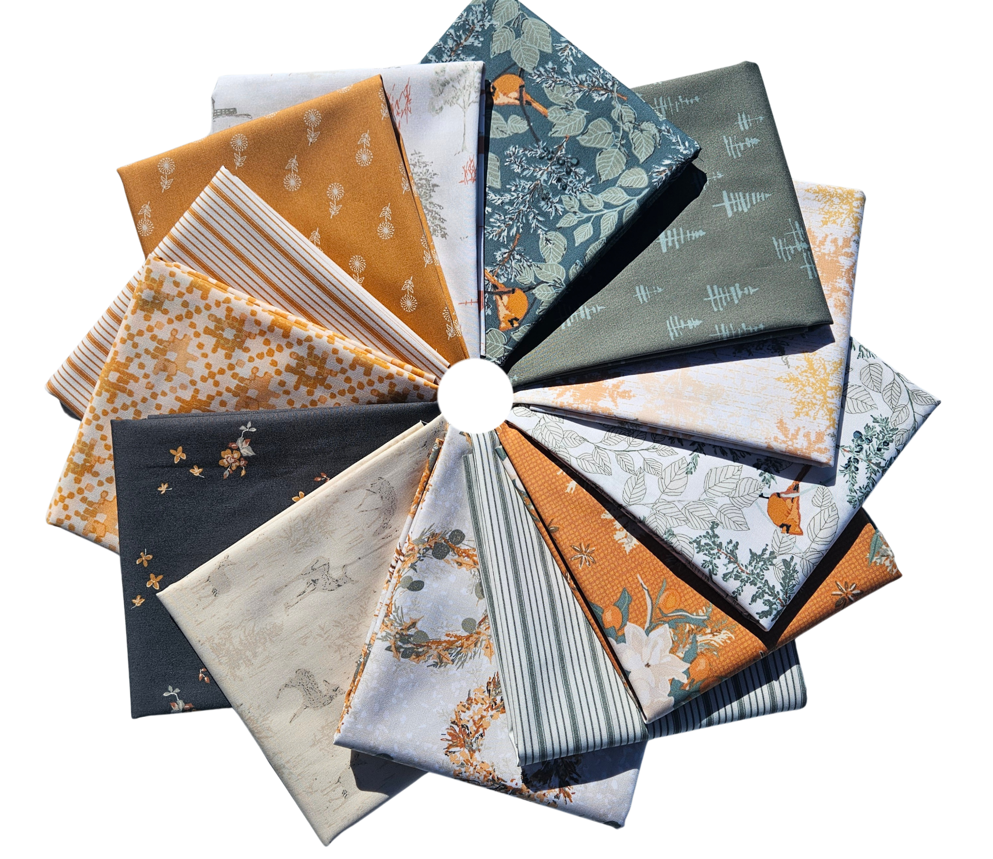 Collection of fabric swatches arranged in a circular pattern on a white background