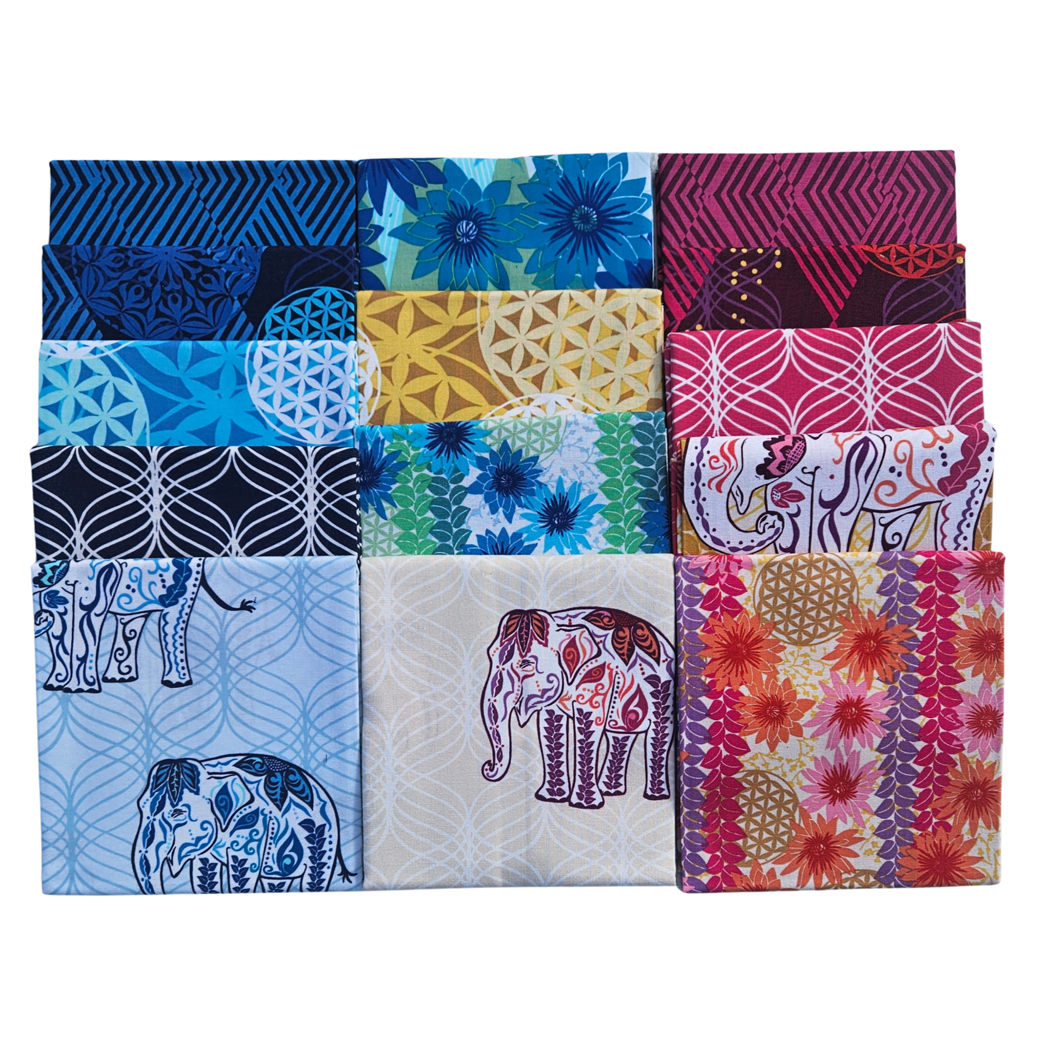 Collection of colorful fabric swatches with various patterns including elephants and floral designs.