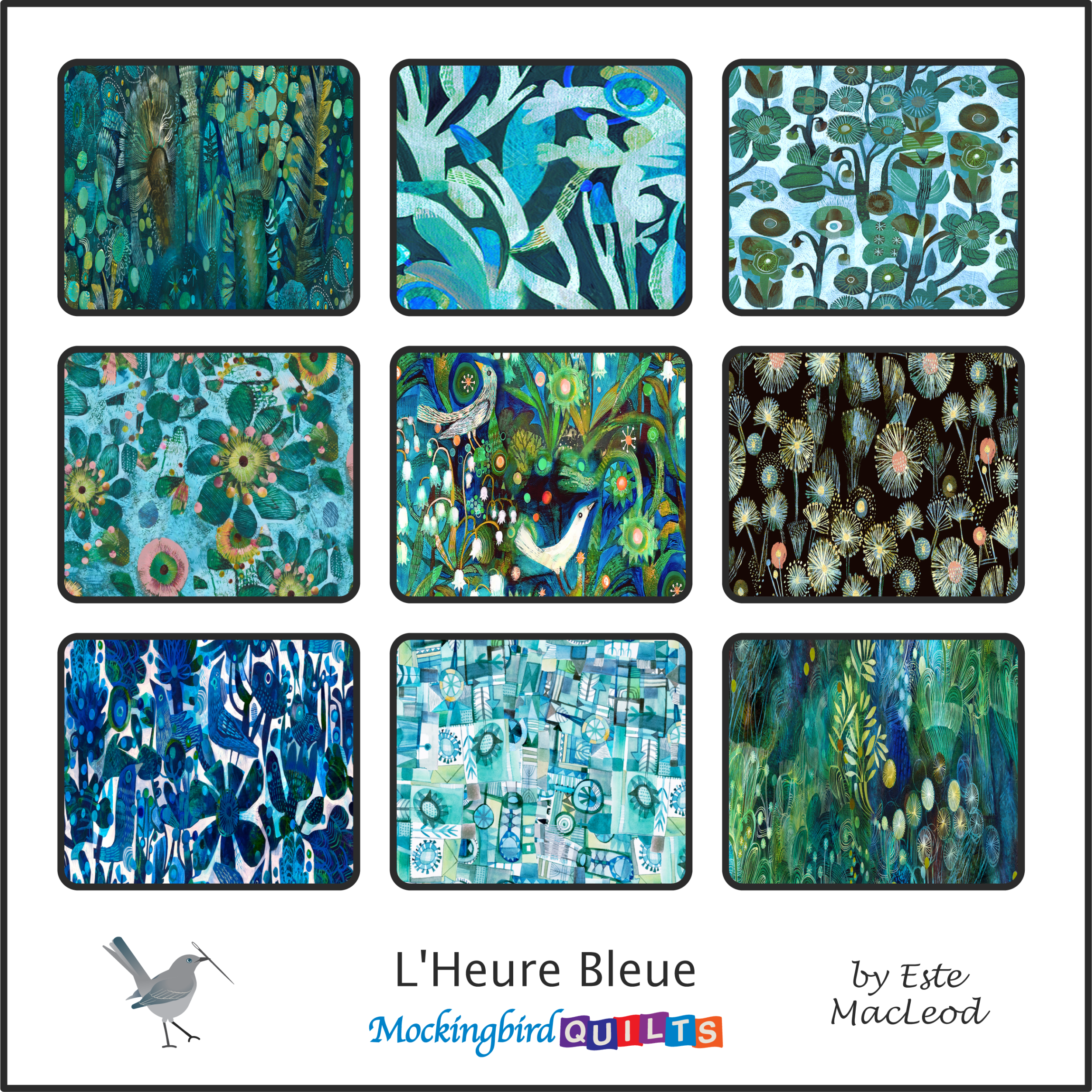 Collection of nine quilt fabrics 'L'Heure Bleue' by Este MacLeod.