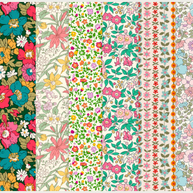 A horizontal strip showing multiple narrow vertical fabric swatches with different floral and botanical patterns in pastel and bright colors, including blue, pink, green, yellow, orange, and red.