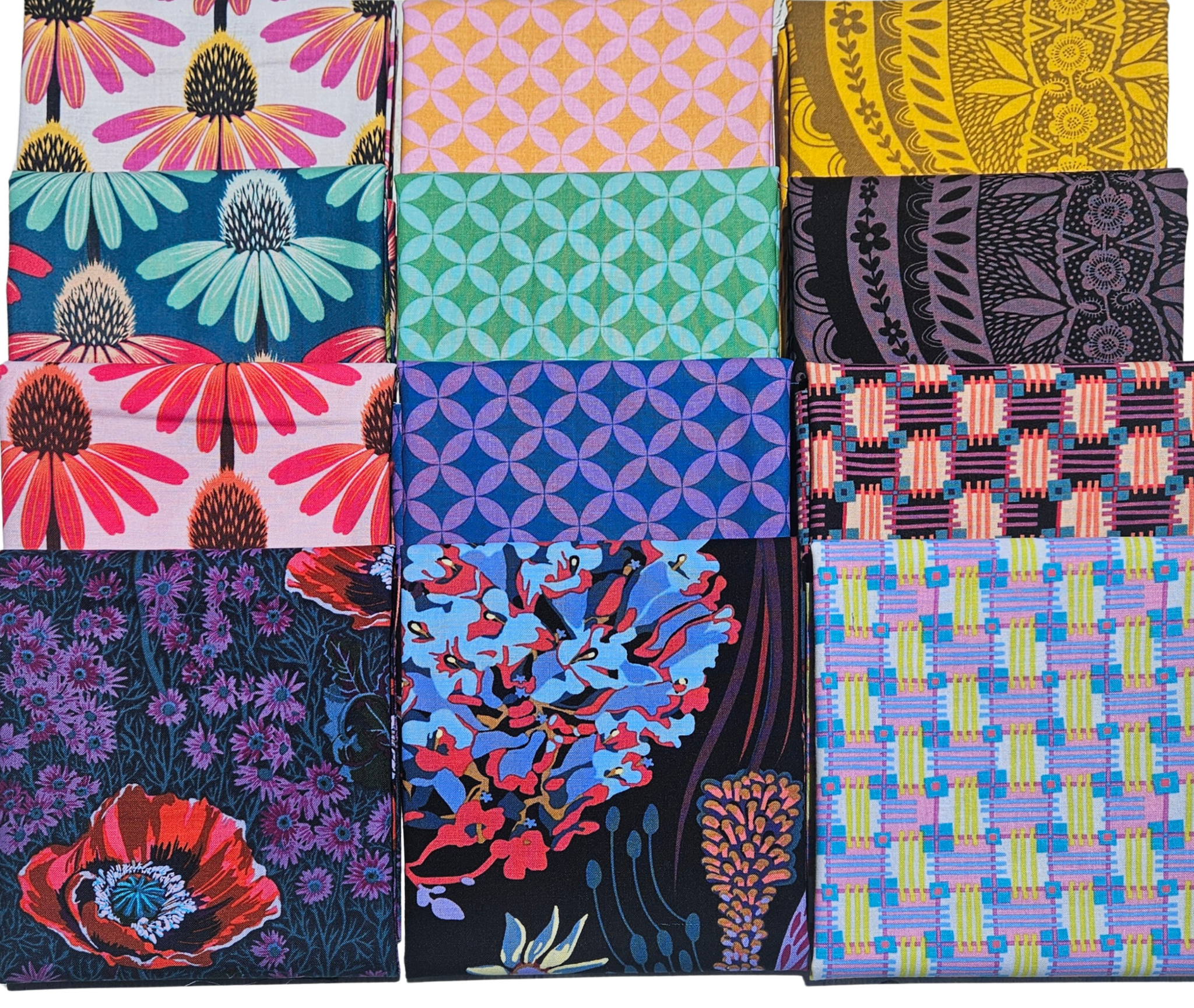 A 3x4 grid of 12 folded fabric samples with various colorful patterns including floral, geometric, and abstract designs.