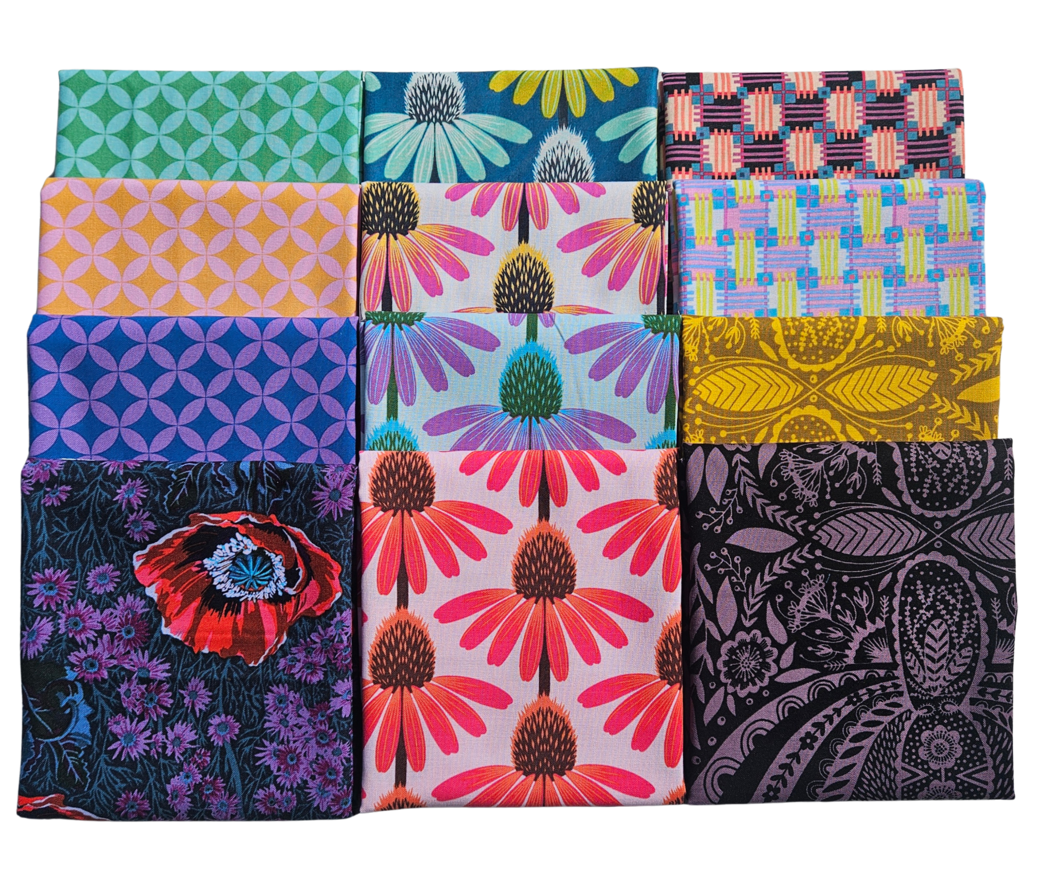 A 3x4 grid of 12 folded fabrics showcasing a variety of colorful patterns including geometric, floral, and paisley designs in vibrant shades of pink, blue, green, yellow, and purple.