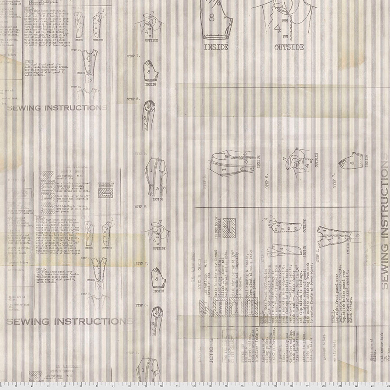 Textile with sewing pattern and instructions on a striped background