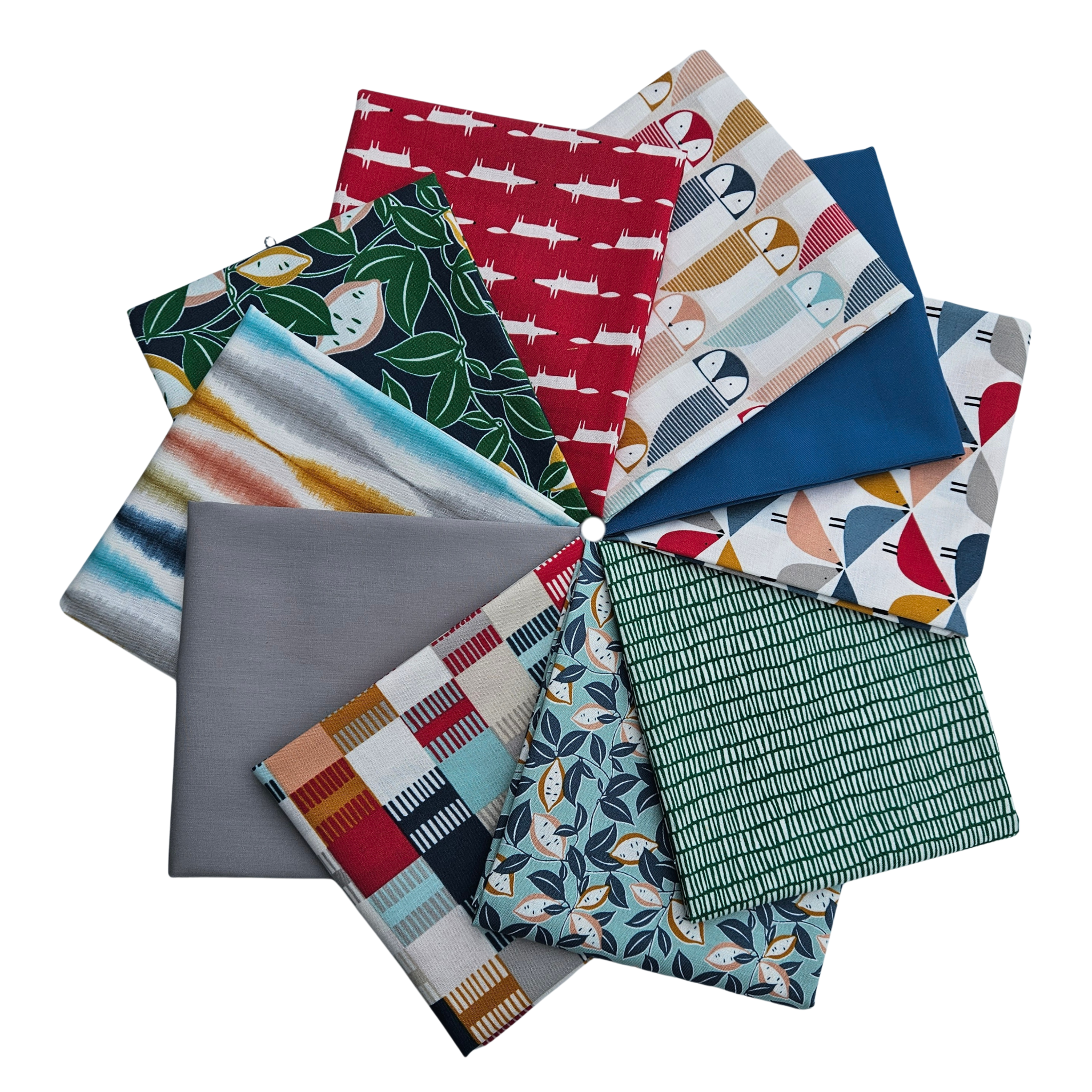 Fabrics arranged in a circle on a white background.