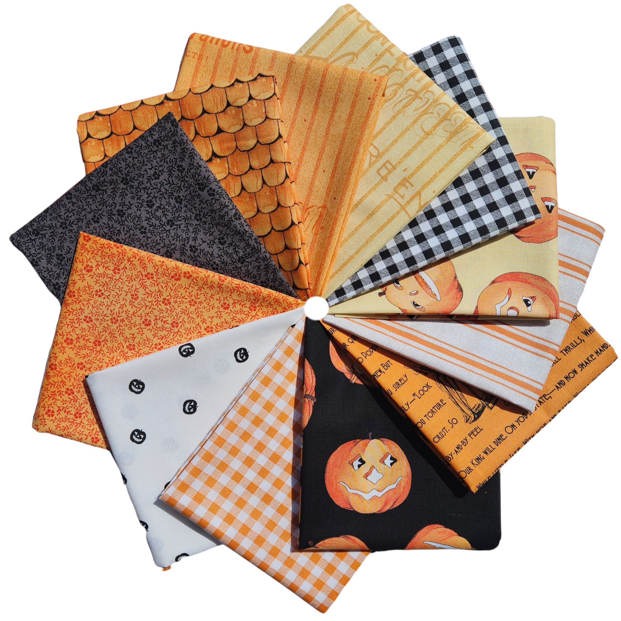 A fan arrangement of multiple Halloween-themed fabric squares in orange, black, white, and yellow patterns including pumpkins, gingham, stripes, and scalloped edges on a white background.
