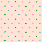 Pattern of small colorful hearts on a light pink background