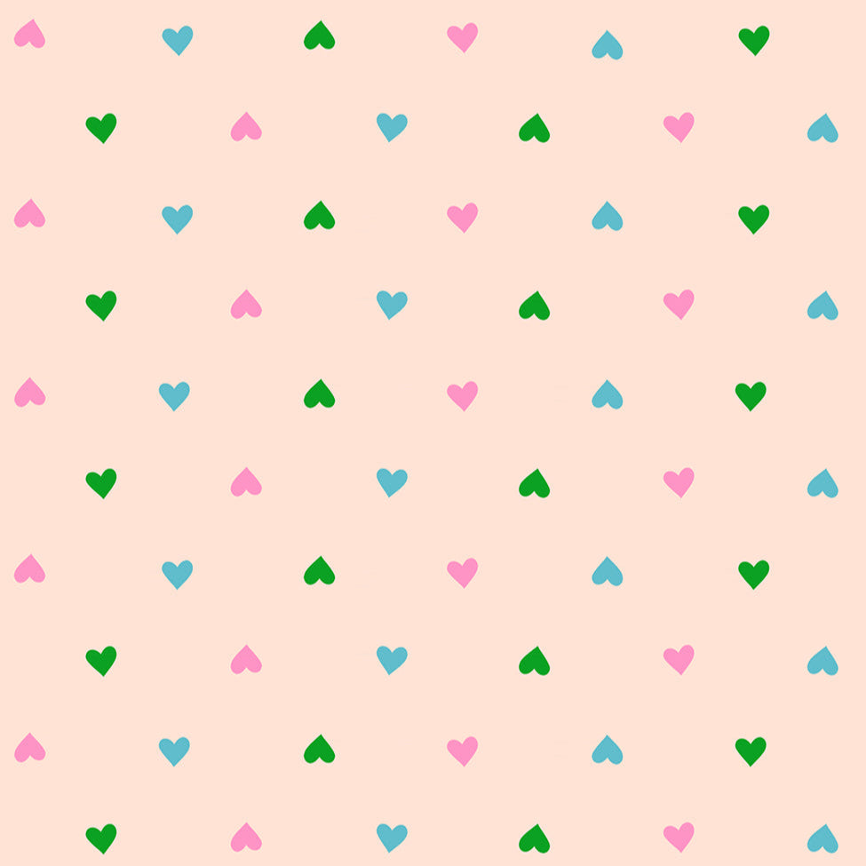 Pattern of small colorful hearts on a light pink background