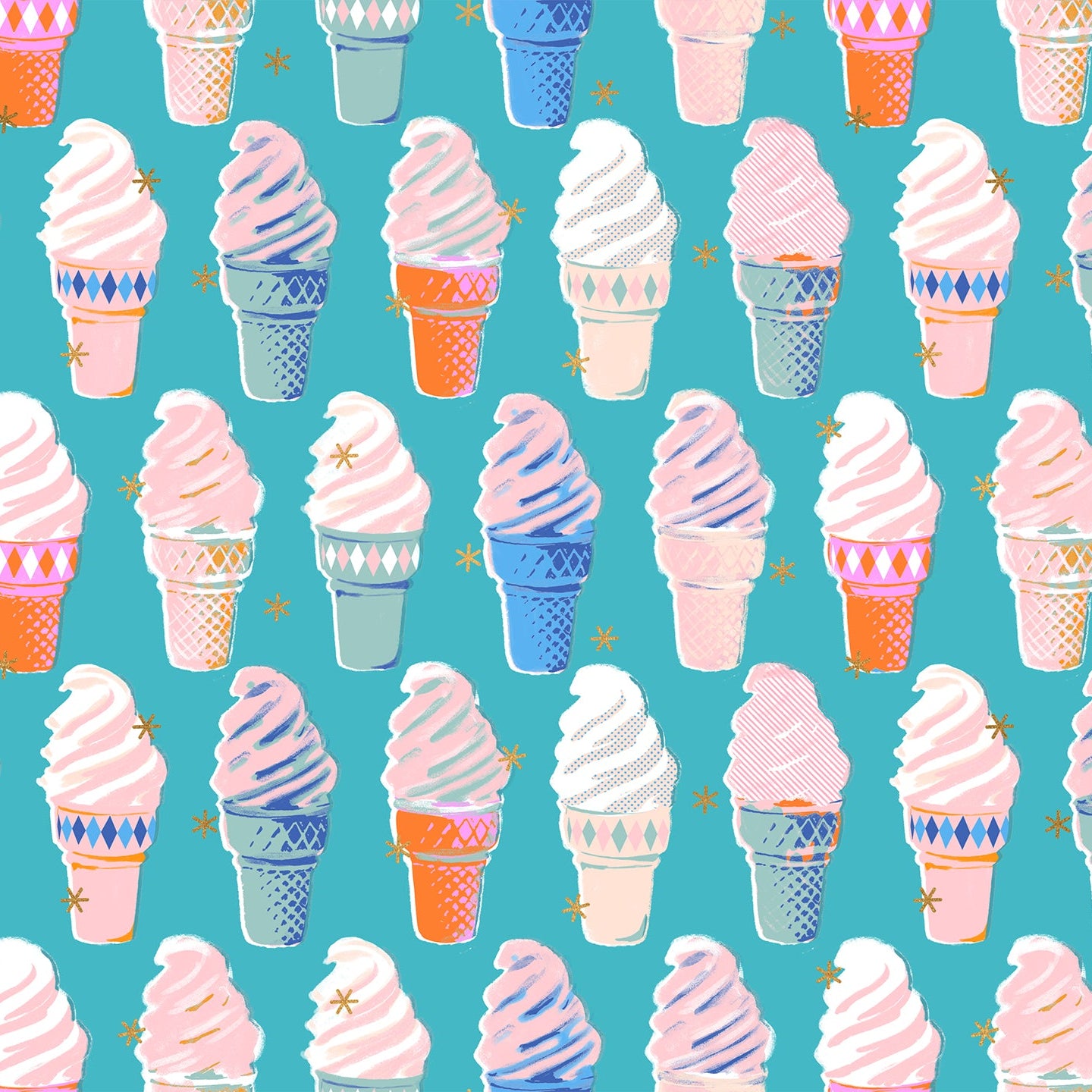 Pattern of colorful ice cream cones on a blue background