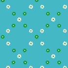Pattern of white flowers with green centers on a blue background