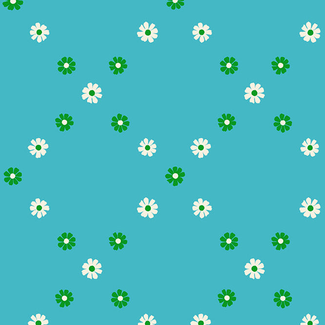 Pattern of white flowers with green centers on a blue background