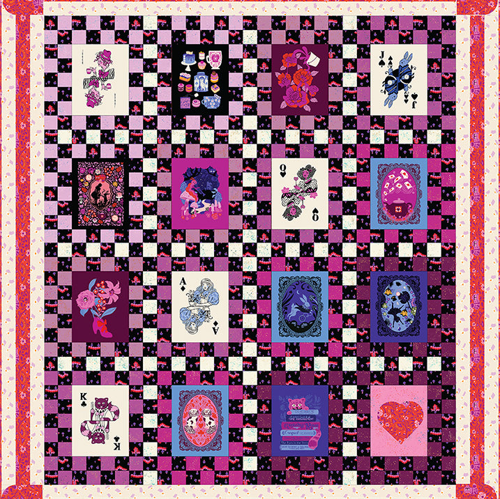 Quilt with colorful patchwork design featuring various patterns and colors.