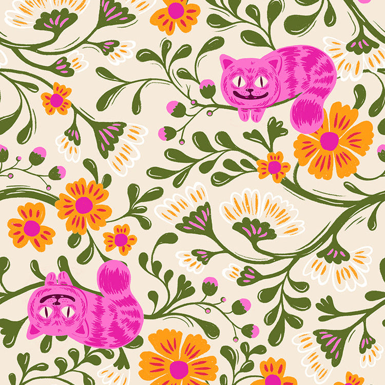 Pattern of pink cats and orange flowers on a beige background