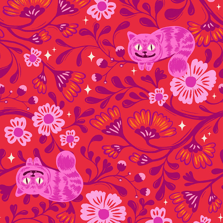 Pink cats and flowers on a red background