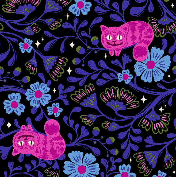 Pattern of pink cats and colorful flowers on a black background