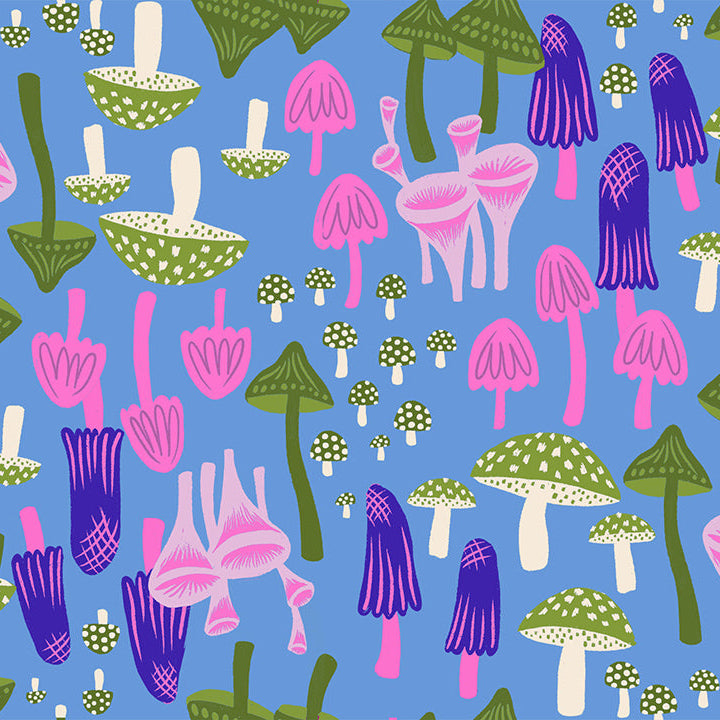 Colorful pattern of abstract mushrooms and plants on a blue background