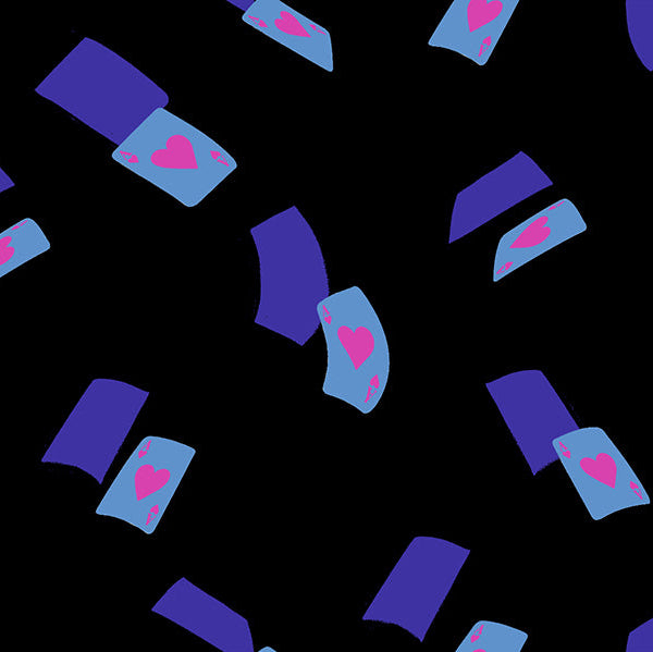 Pattern of blue and purple shapes with pink hearts on a black background