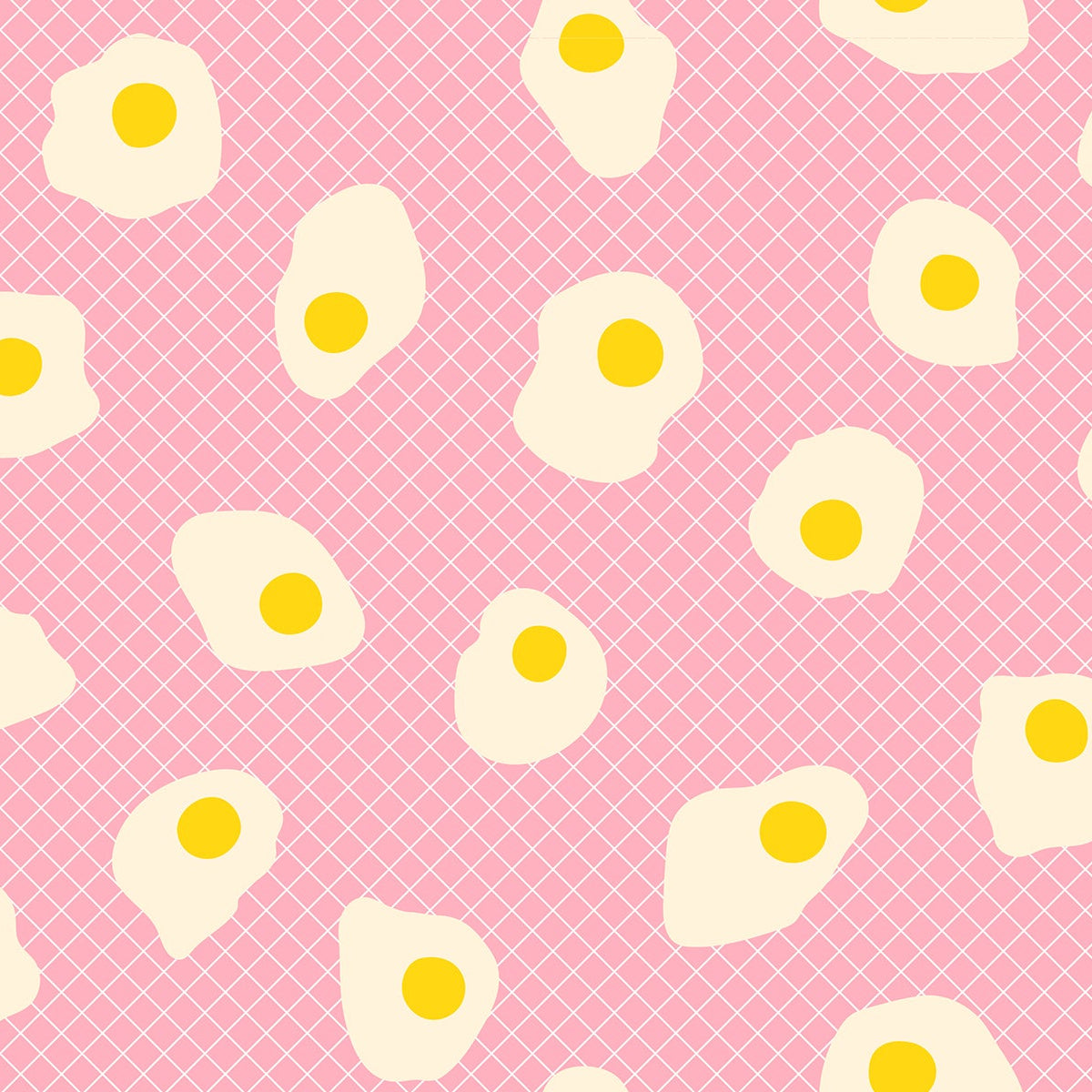 Pattern of fried eggs on a pink background with a grid.