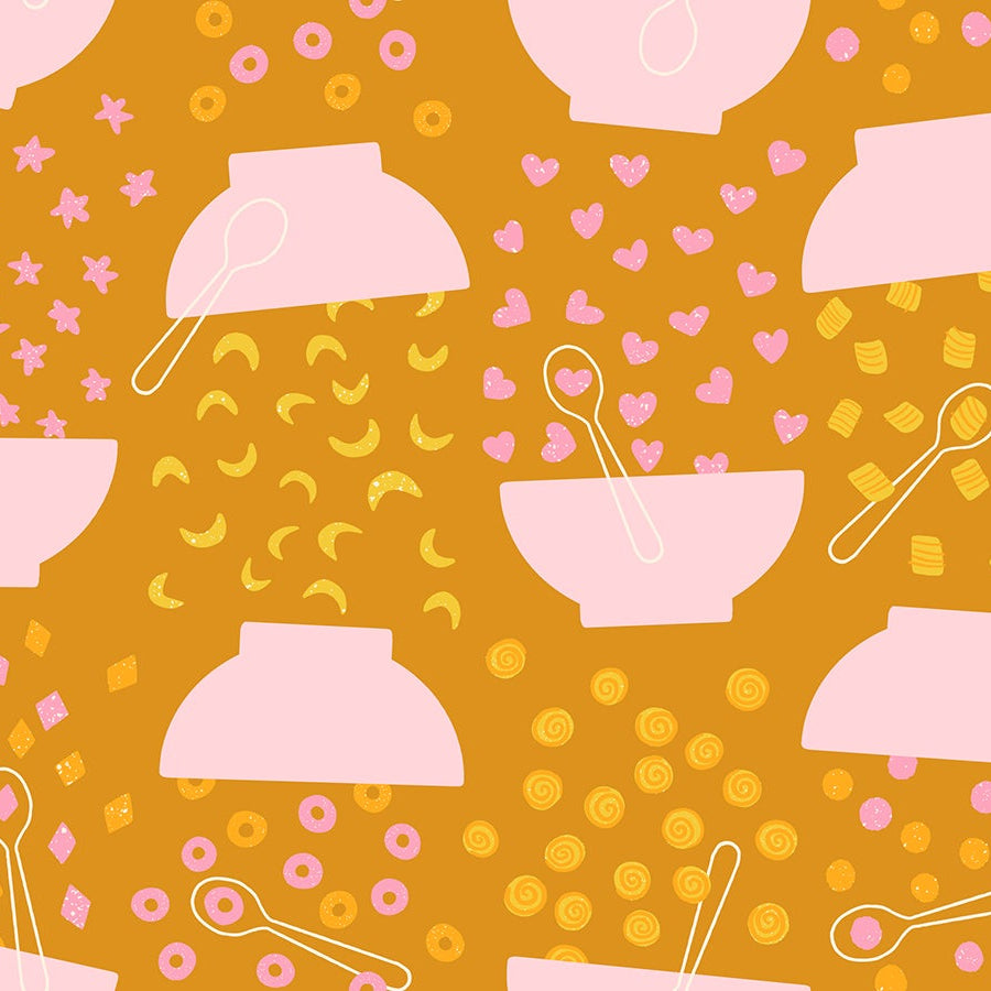 Pattern of pink bowls, spoons, and floral elements on a yellow background
