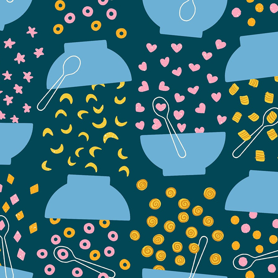 Pattern of blue bowls, pink stars, yellow dots, and white spoons on a dark blue background.