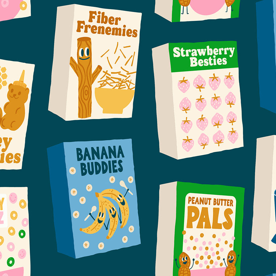 Illustrated cereal boxes with various character names on a blue background