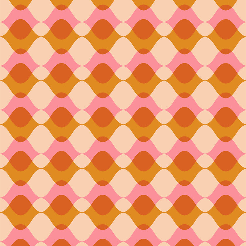 Patterned fabric with a geometric design in pink, orange, and beige.