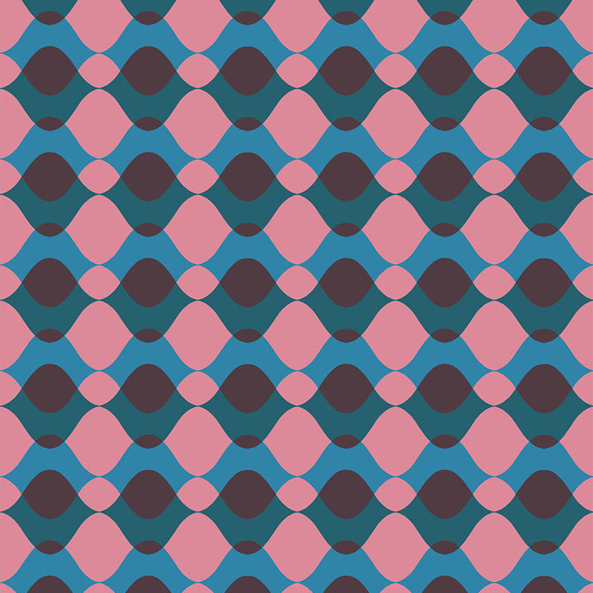 Geometric pattern with pink, blue, and black shapes on a blue background