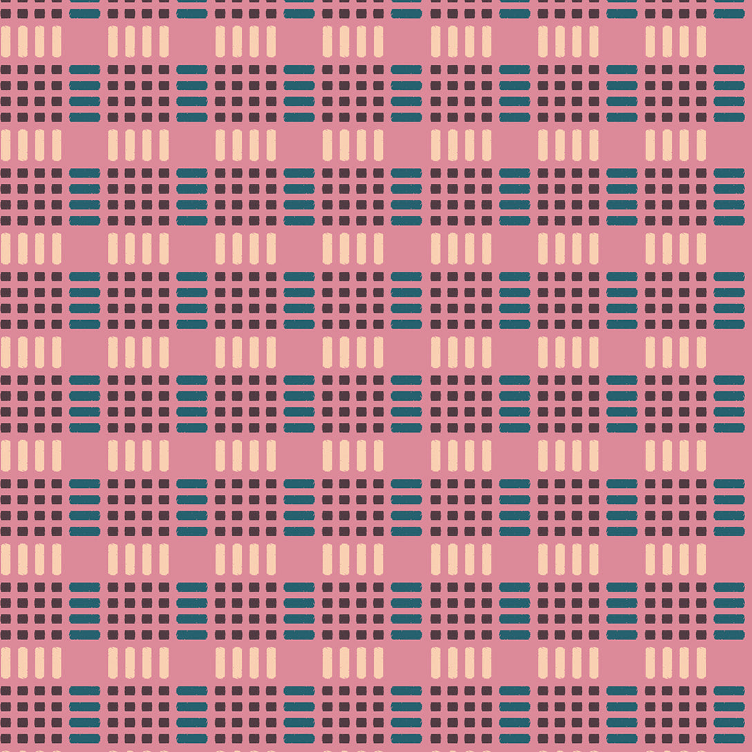 Patterned fabric with a geometric design on a pink background